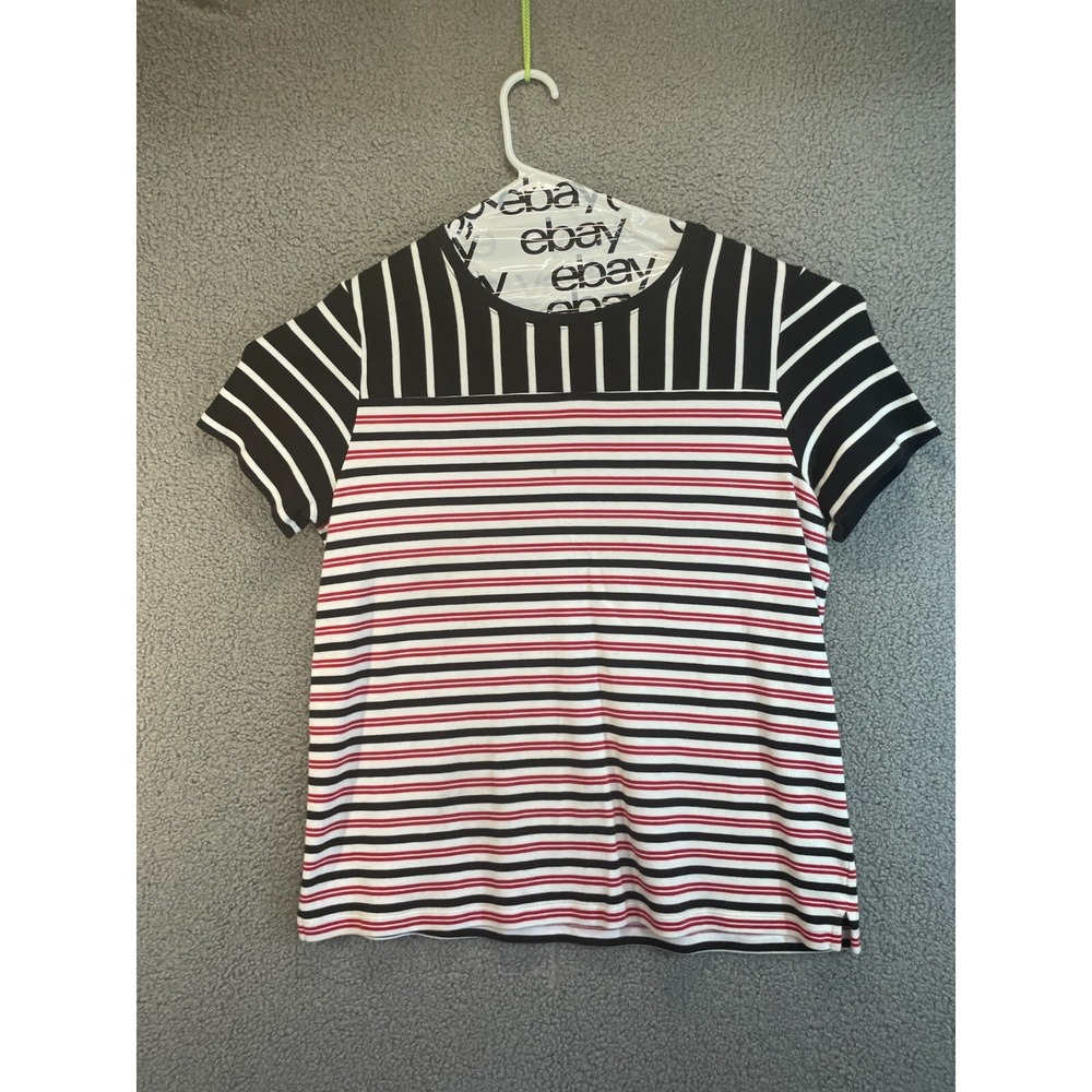 Kim Rogers womens shirt‎  Large  White Striped  Short Sleeve